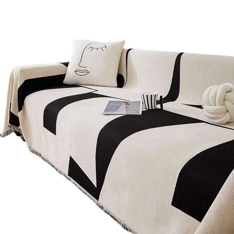 Schwarze Linien Chenille Sofabezug Stoff Sofadecke Universal Couch Handtuchbezug Staubdicht Sofakissenbezug