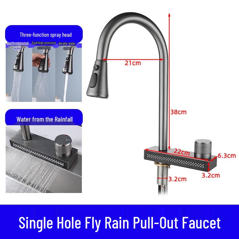 TLXT Gun Grey Wall-Mounted Pull-Out Kitchen Faucet
