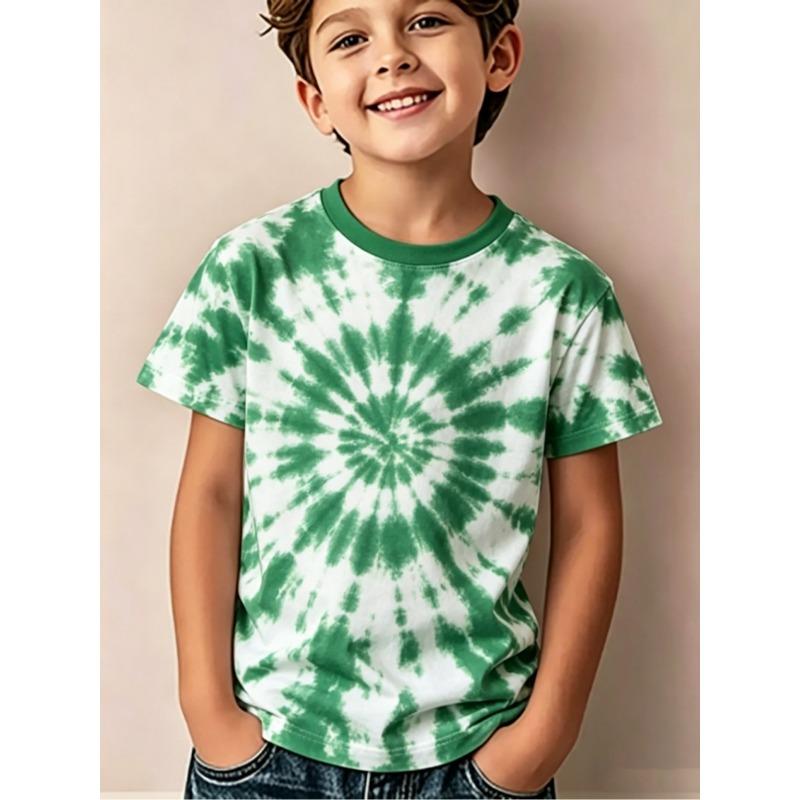 Children's Clothing Boys Spiral Tie-Dye Short Sleeve Rainbow Swirl Print Round Neck Top Summer Casual Erano Colorido Boy Clothes