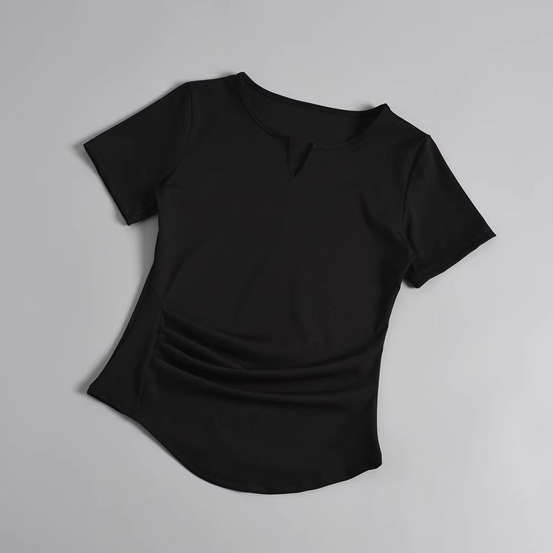 

Эластичная облегающая одежда для йоги, топ, женская летняя верхняя одежда, тонкая одежда для бега, тренировок, пилатеса, быстросохнущая Black short sleeve M