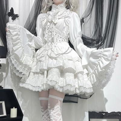 Gothic Y2k Lolita White Shirt Women Punk Sweet Ruffle Lace Flare Long Sleeve Blouses Black Japanese Kawaii Victorian Vintage Top