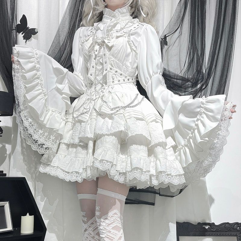 

Gothic Y2k Lolita White Shirt Women Punk Sweet Ruffle Lace Flare Long Sleeve Blouses Black Japanese Kawaii Victorian Vintage Top XS чорний