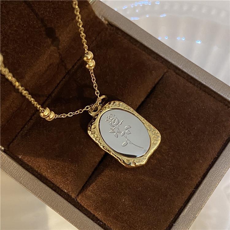 Titanium Steel Mirror Necklace For Women Vintage French Relief Magic Mirror Rose Flower Square Pendant Cloak Chain Sweater Chain Fashion Jewelry
