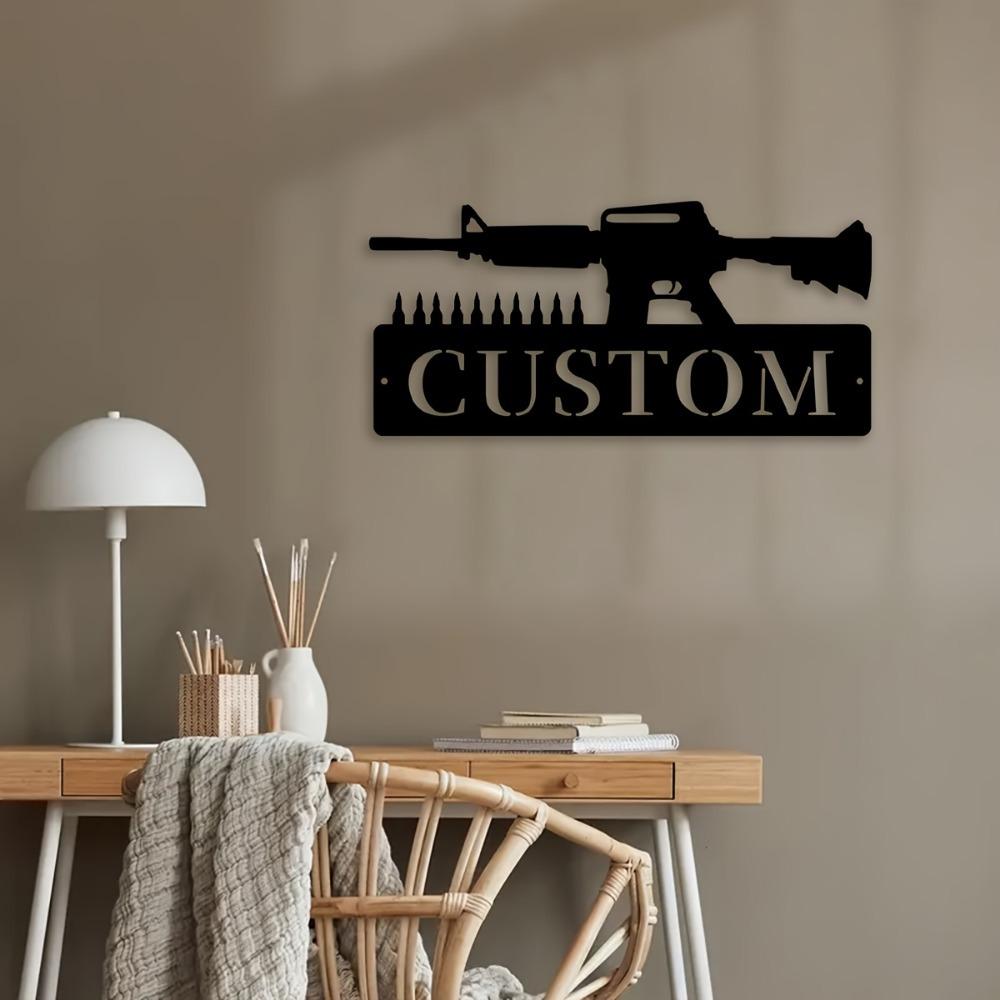 Personalized Assault Rifle & Bullet Metal Wall Art, Custom Name Sign, Farmhouse Porch Decor, Gift, Wall Sculptures