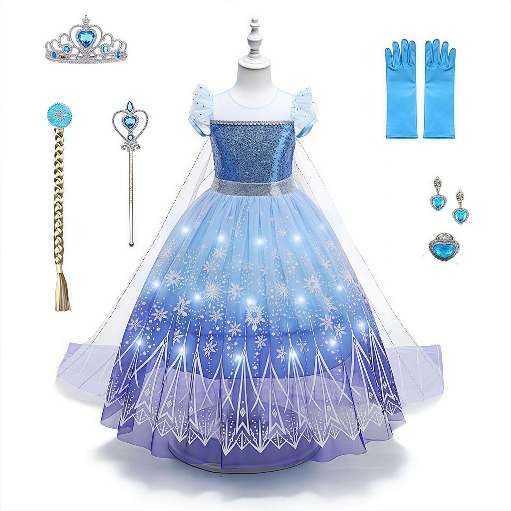 Girls' Frozen Elsa Princess Light-Up Dress with Puff Sleeves and Detachable Floor-Length Veil