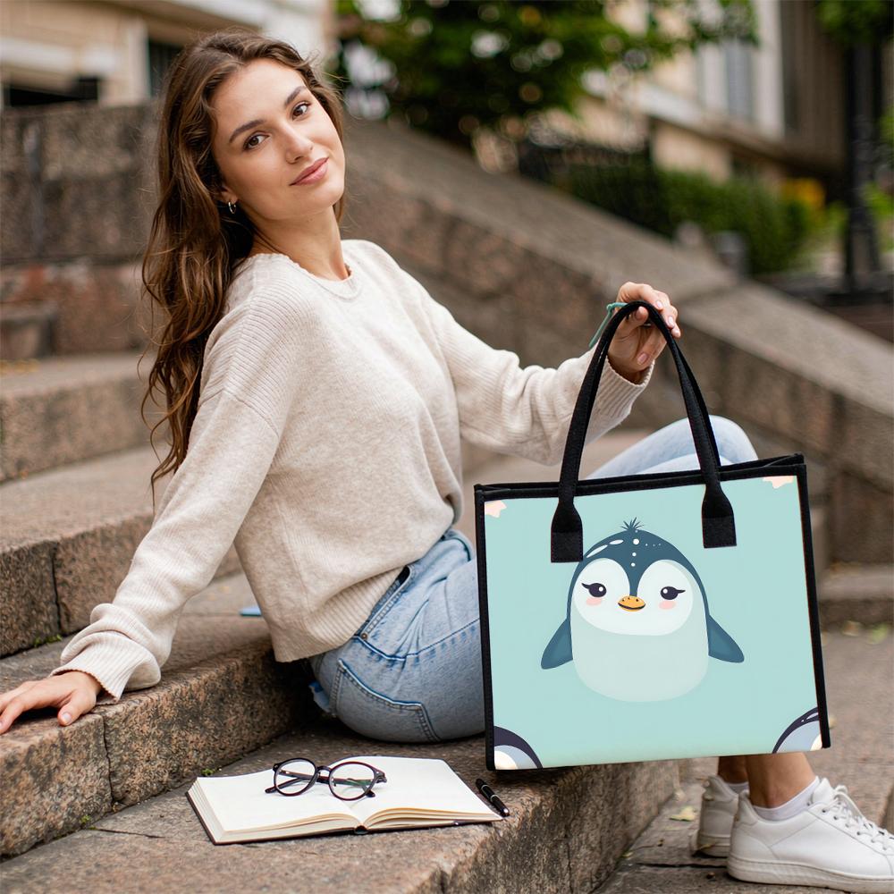Cute Penguin Printed Tote Bag Casual Large Capacity Handbag for Daily Use