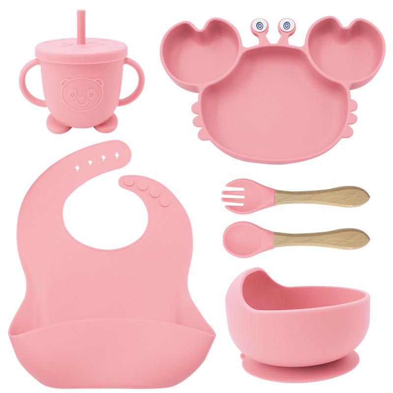 Crab-Themed Silicone Tableware Set: 9-Piece Baby Feeding Kit with Meal Plate, Bowl, Spoon, and Fork