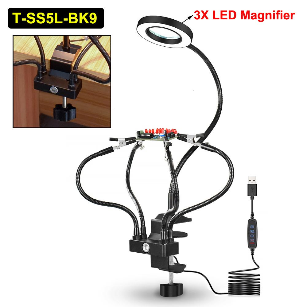 NEWACALOX Clip-on Soldering PCB Holder Tool with 3X LED Magnifier 5Pcs Helping Arms Welding Workshop Helping Station Repair