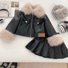 Mädchen Winter Set Plüschgefüttert Kunstlederjacke Faltenrock Verdickt Lässig Kleinkinder