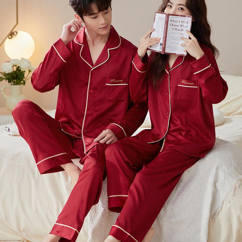 Year of the Rat Red Heart Couple Pajamas - Soft, Colorfast Ice Silk Jacquard for Weddings
