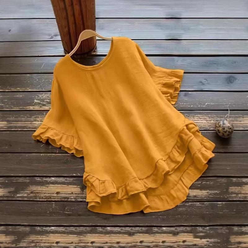 Plus Size Women's Ice Silk Pleated Ruffle Top with Flare Sleeves and Round Neck.