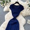 Elegant Lace Patchwork Knitted Midi Long Dress Women Chic Short Sleeve Ruffles Slim Fit Dresses 2026 Casual Daily Office Outfit