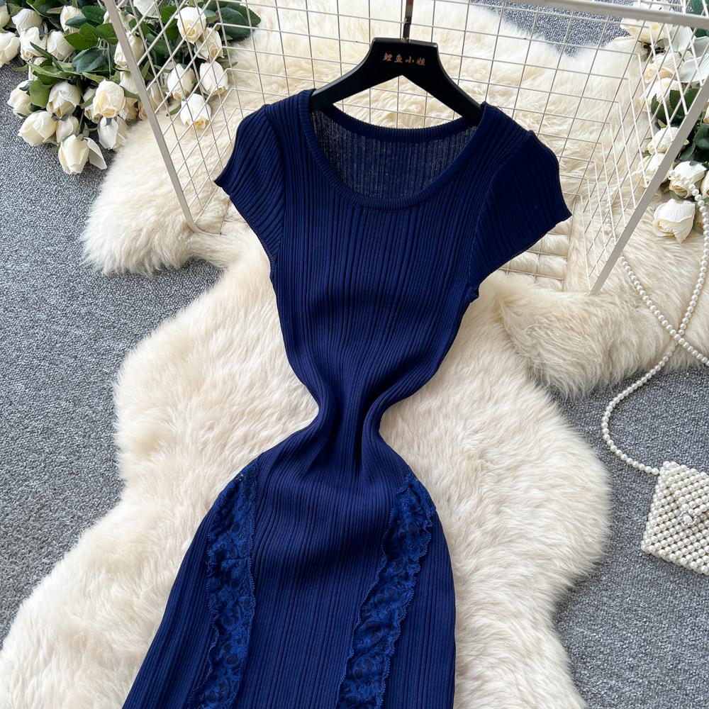 Elegant Lace Patchwork Knitted Midi Long Dress Women Chic Short Sleeve Ruffles Slim Fit Dresses 2026 Casual Daily Office Outfit