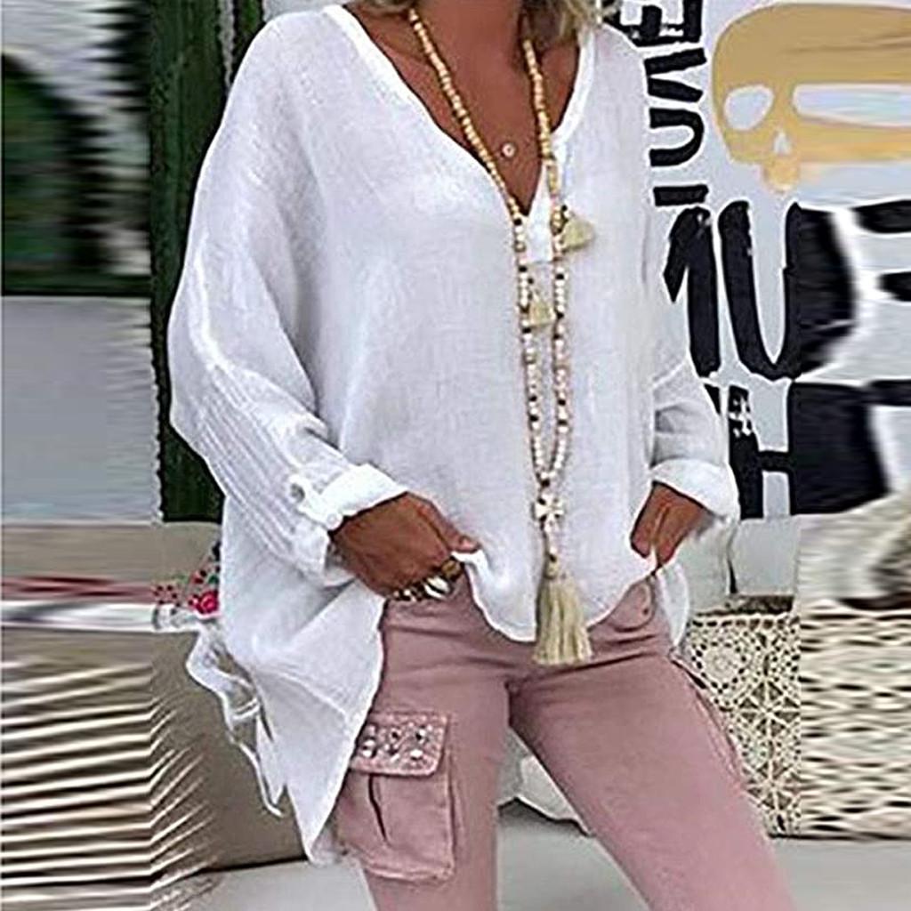 6-Color Loose Shirt Women's Casual Solid Color Top Spring Autumn V-Neck Long Sleeved Blouse