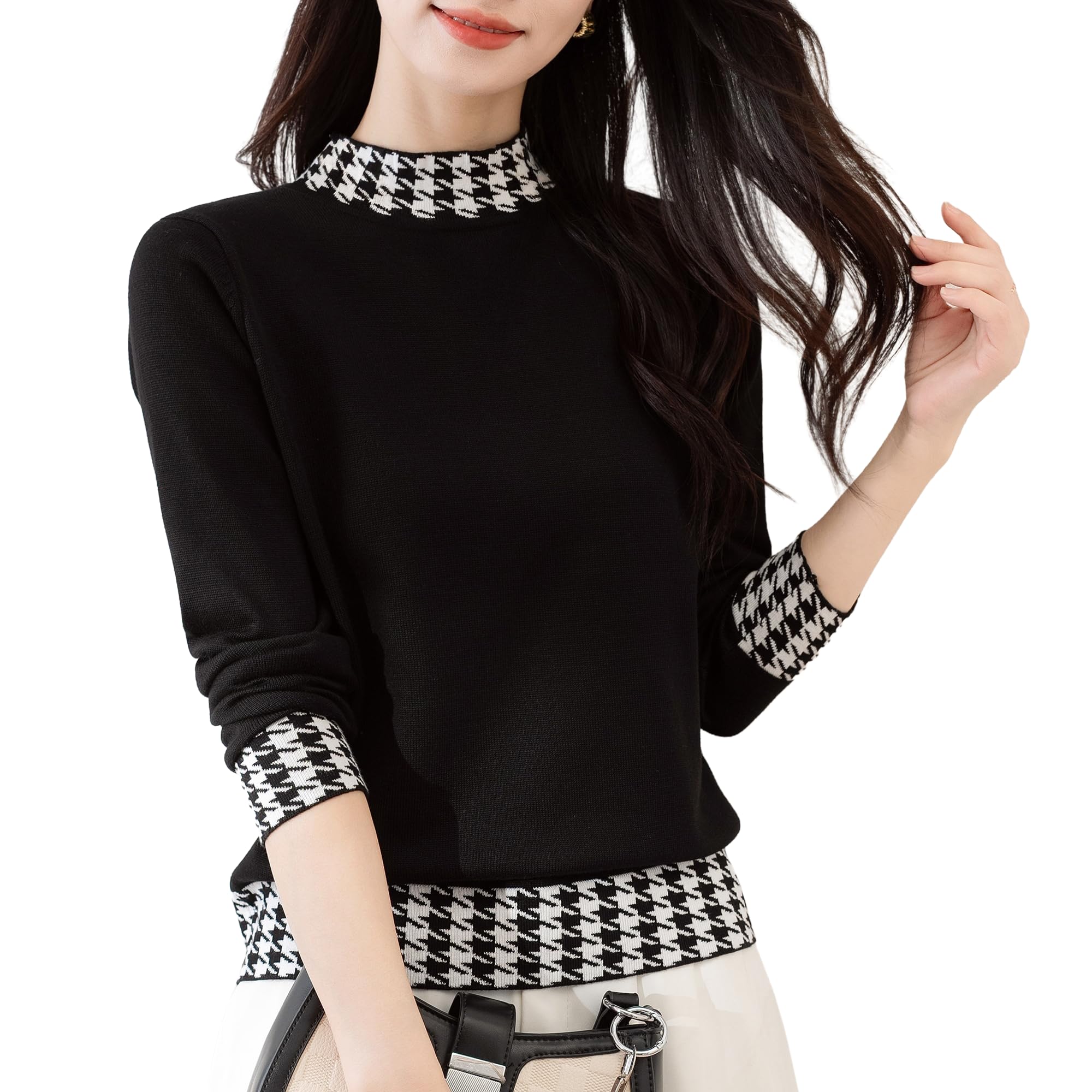 

UQQA Slim Fit Houndstooth Knit Long Mock Tight Size L Women s Sweater, Sleeve, Neck, Lightweight, Autumn, High-Gauge, Silhouette, Innerwear, Warm,