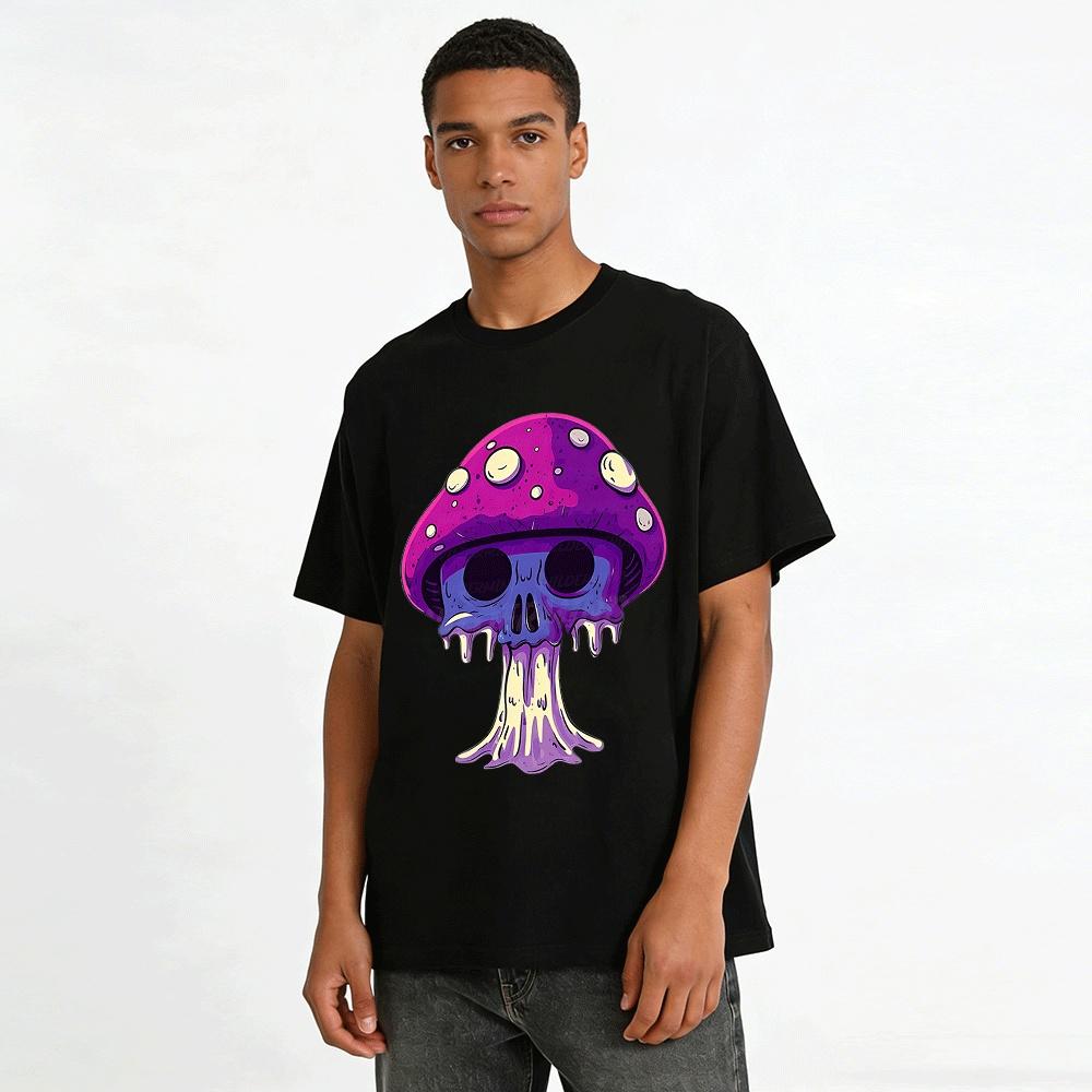 Dark Style Skull Mushroom Print Trendy Casual Crewneck Top Pure Cotton T-shirt