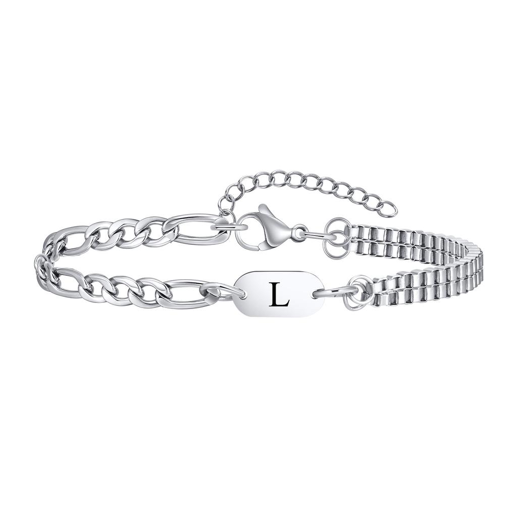 Vnox A-Z Initial Bracelets for Men Women, Never Fade Figaro Chain, Double Layered Box Link Chain Bracelets, Name Gift for Him