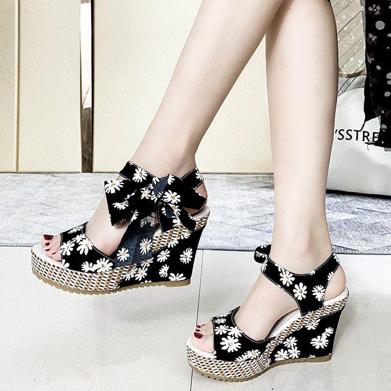 Sandals for Women Strappy Print Wedges Heel Bow Woman Shoes 2025 Luxury High Quality Anti Slip Hot Trending Comfort Vintage Pvc