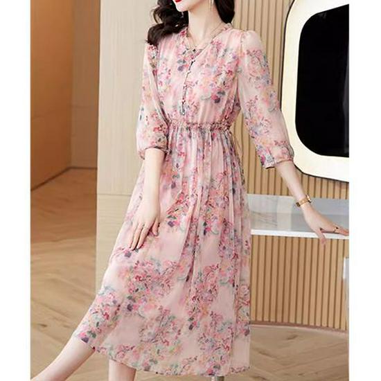 

2026 Summer Floral Chiffon Over-the-Knee Dress for Women - Plus Size, Slimming, Light Luxury Feel M (suitable for 90-105 jin)