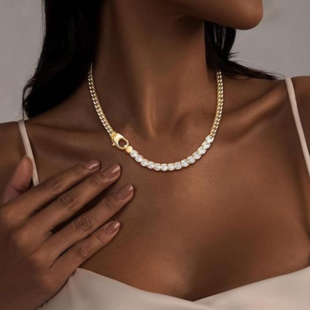 Shangxin Titanium Steel Cuban Chain Splicing Zircon Tennis Chain Light Luxury Personality Men's and Women's Collarbone Necklace