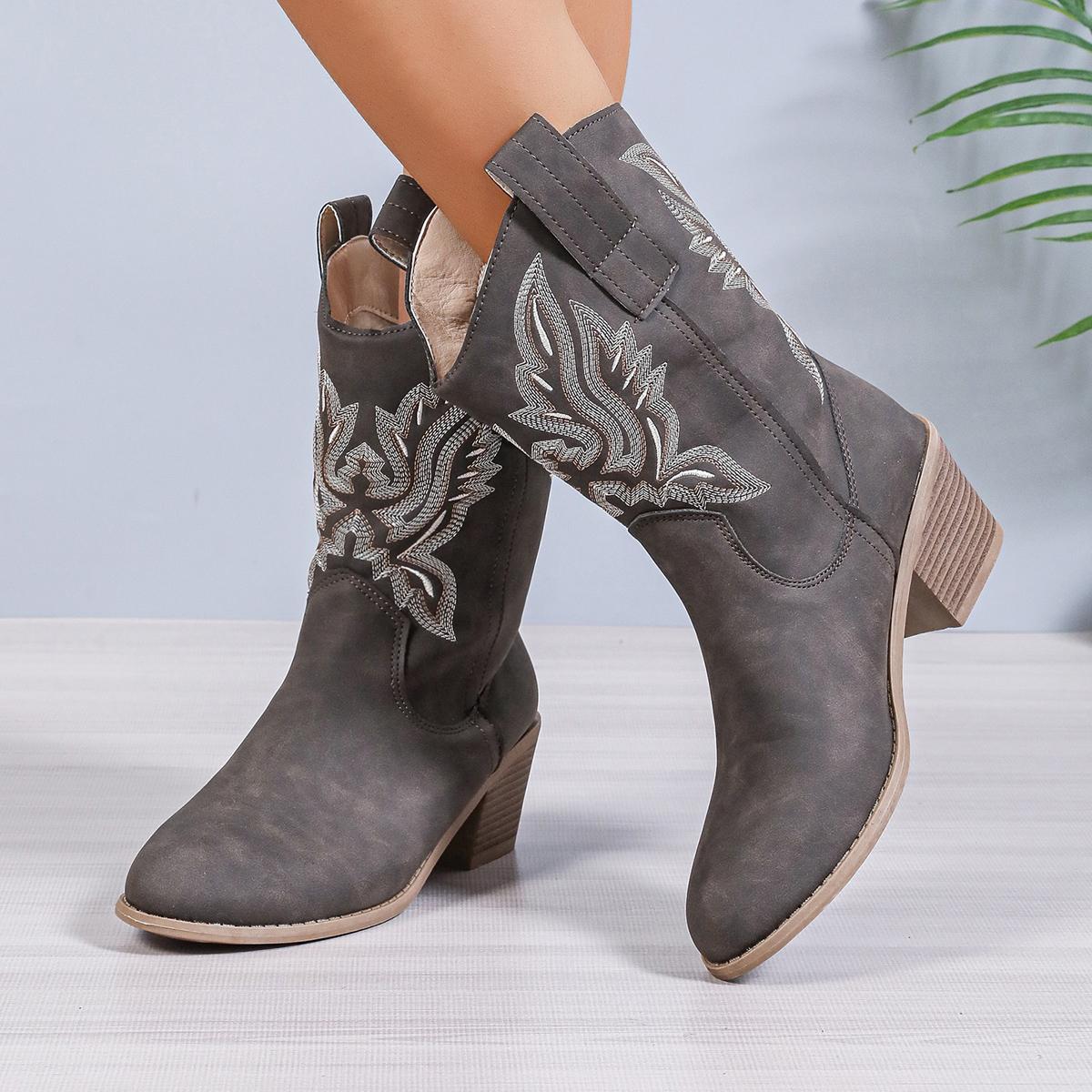 

Осенние женские сапоги в стиле вестерн с острым носком и толстым каблуком, новые римские вышитые сапоги до середины голени для женщин, обувь на каблуке, женские сапоги 36