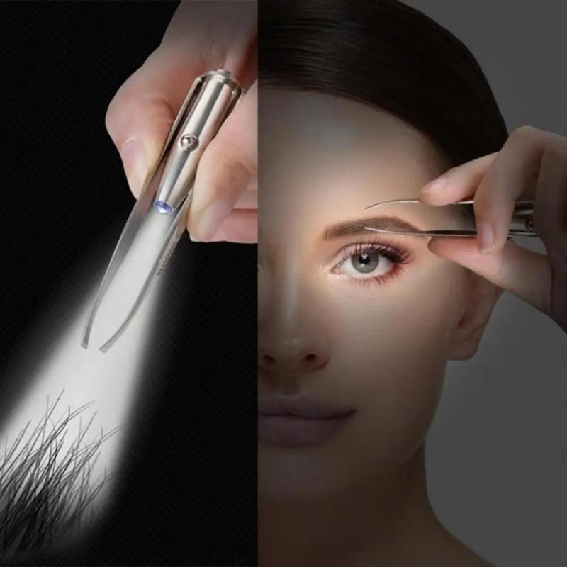 Stainless Steel Eyebrow Clip with LED Light Professional Lighted Eyebrow Tweezers Eyelash Brow Hair Removal Clamp Makeup Tools