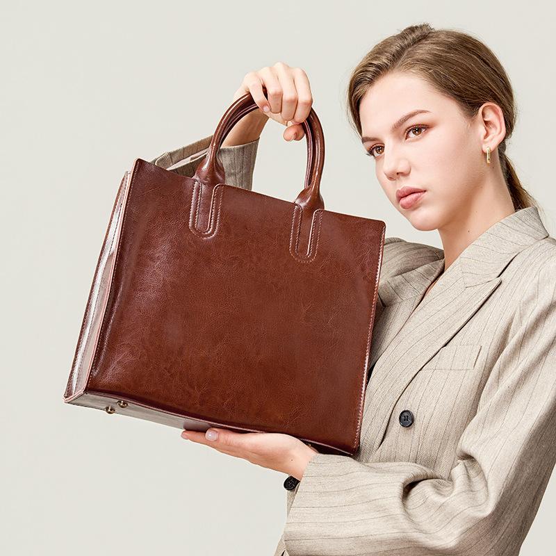 Přeshraniční všestranná voskovaná hovězí kůže ramenní tote taška pravá kůže nová pro notebook dámská velkokapacitní kabelka