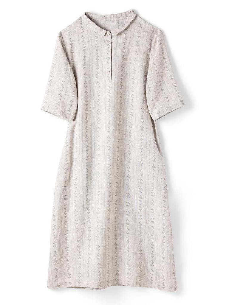 Women's Artistic Floral Print Linen Midi Dress - Summer, Loose Fit, Mid-Sleeve, Lapel Collar.