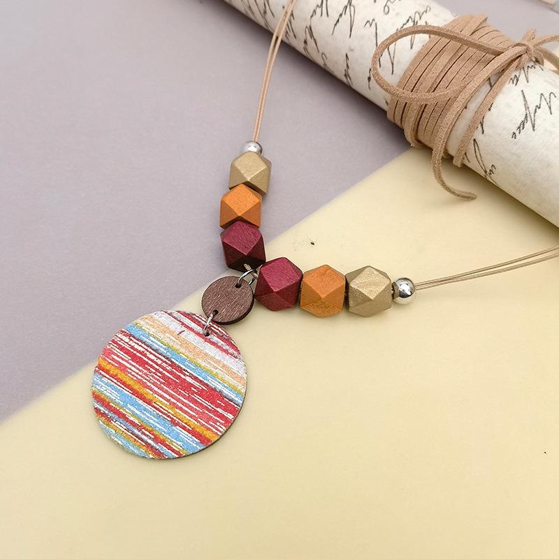 Ethnic Style Colorful Striped Necklace Round Leather Pendant Necklace Women's Fashionable Wooden Bead Necklace Bohemian Jewelry