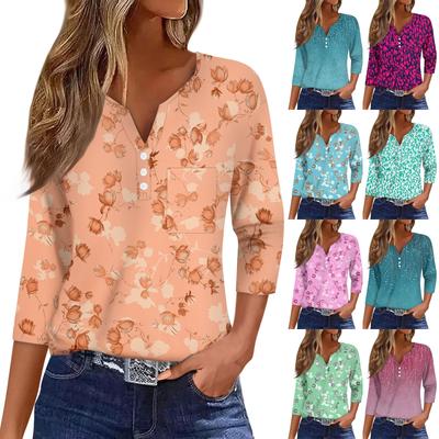 Moda Casual para Mujer Cuello en V Holgado Versátil Estampado Floral Mangas Tres Cuartos