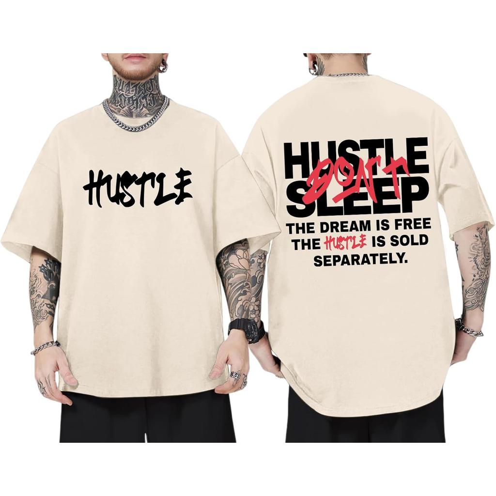 Men's "Hustle" Themed Motivational Quote Tee, Urban Streetwear Oversized Short Sleeve Top