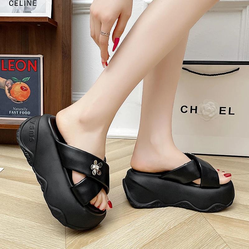 Fashion 8CM Women Summer Crystal Chunky Slippers High Heels Flip Flops Thick-Bottom Bling Sandals Wedges Platform Beach Slides Zapatos