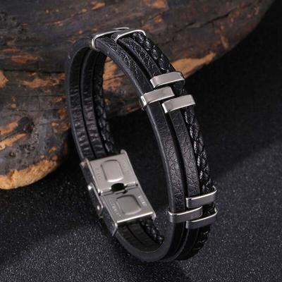 Black Three-Layer Men Bracelet Stitching Accessories Stainless Steel Men's Leather Bracelet Advanced Design Style Gift