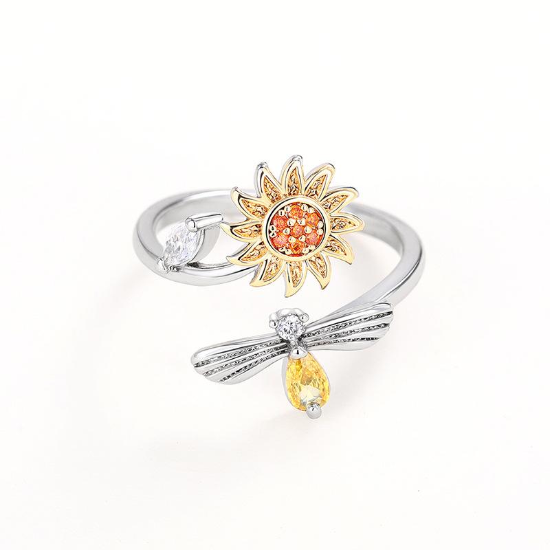 Ring, Adjustable Open Ring, Bee Honey Flower Ring