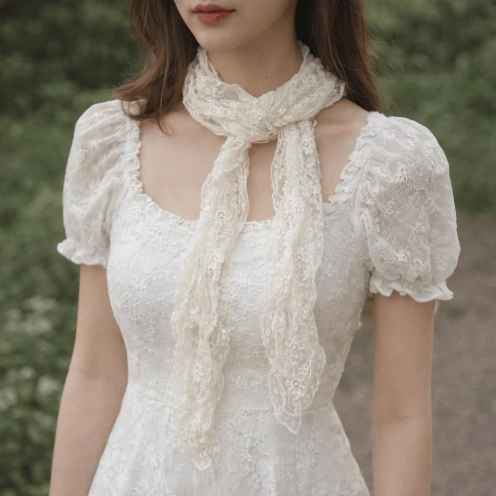 White Beige Lace Neck Scarf Flower Ribbon Headband Trendy Photo-Ready Shawl  Spring Summer