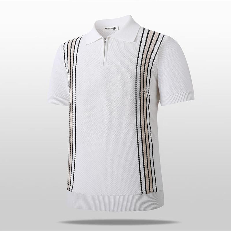 Men s Black Knit Polo Shirt with Contrast Vertical Stripes M белый