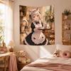Forest Cat Maid Anime Tapestry, Kawaii Aesthetic Wall Hanging, Warm Natural Blankimng for Girls Bedroom Dorm Decor