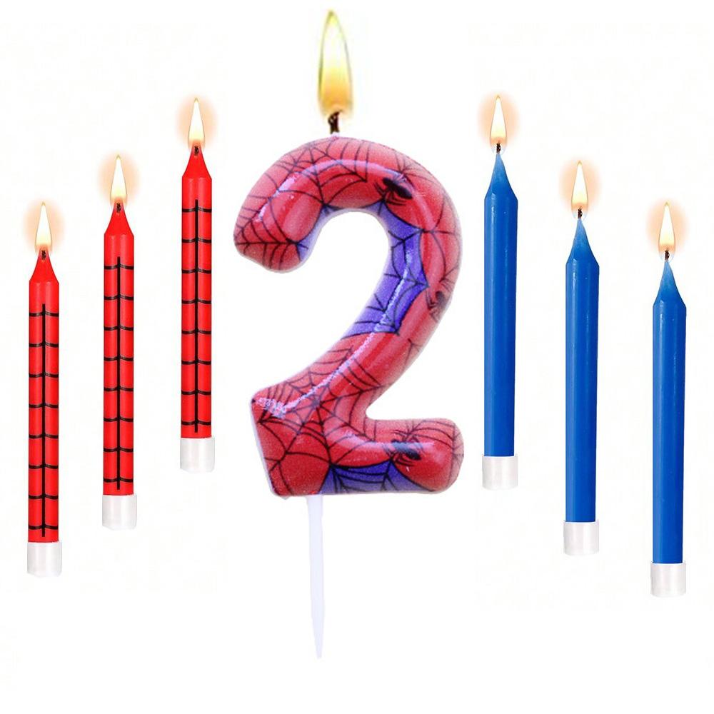 7pcs Red Blue Spider 8th Birthday Number Candles, Number 0-9 Candle Cake Topper Decorations for Spider Cartoon Themed Parties