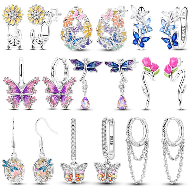 925 Sterling Silver Earrings Women Jewelry Butterfly Flower Dragonfly Zircon Hoop Ear Studs Sparkling Earring Wedding Gift