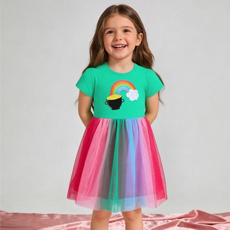 Rainbow Embroidered Princess Dress for Girls Knitted Cotton Tulle Skirt for Young Children
