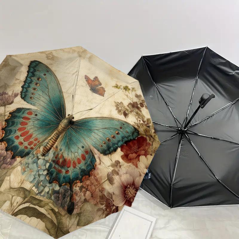 1pc Butterfly Flowers Automatic Folding Umbrella, Heavy Duty 8 Rib Iron Frame,  Suitable for Travel, Daily Use, Birthday, Decor Gift m0104088