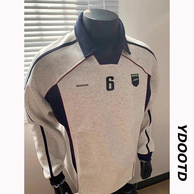 Men s Trendy Retro Polo Collar Hoodie - Casual Patchwork Long Sleeve for Spring & Autumn Large