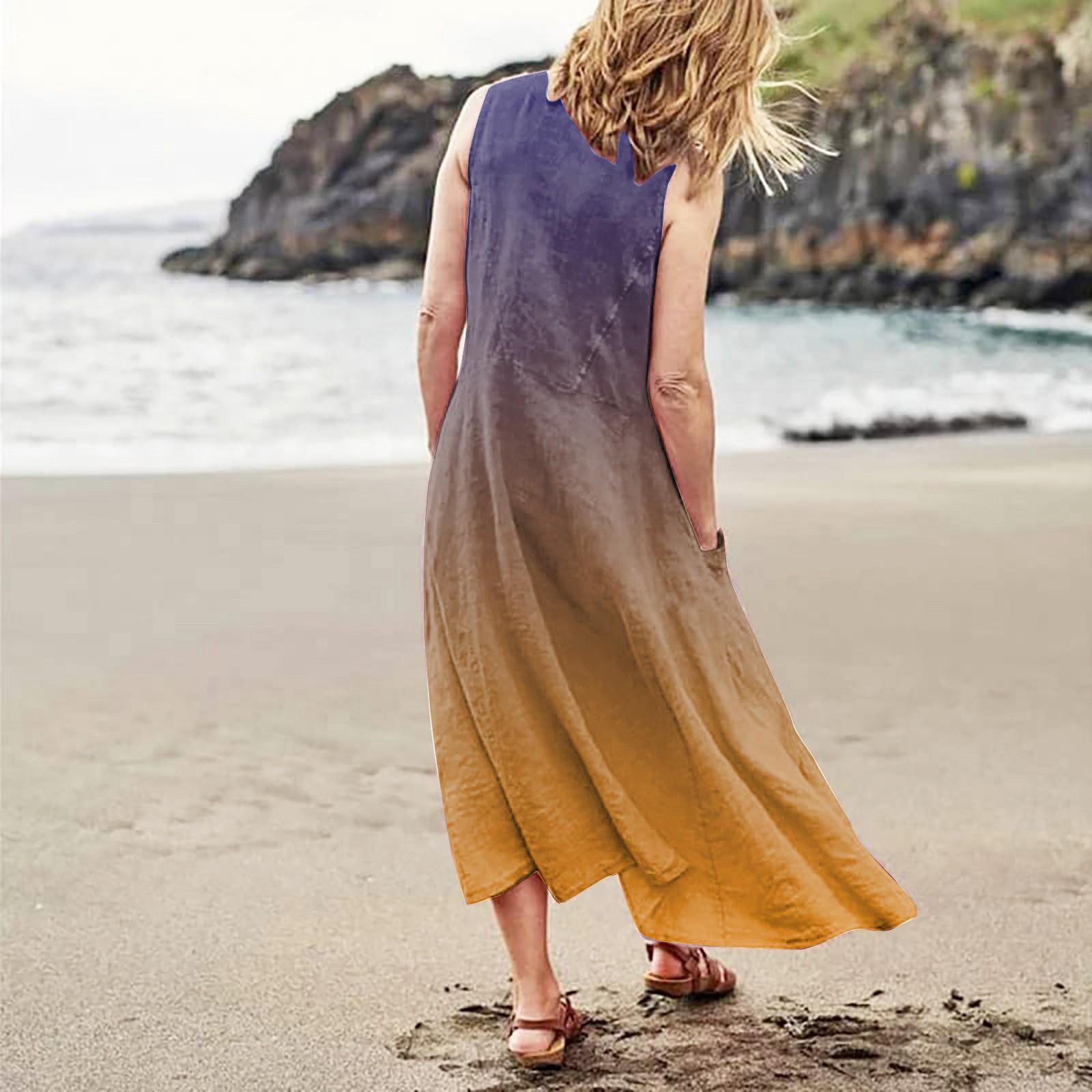 Женское повседневное удобное хлопковое карманное платье без рукавов с градиентным принтом — фото 5