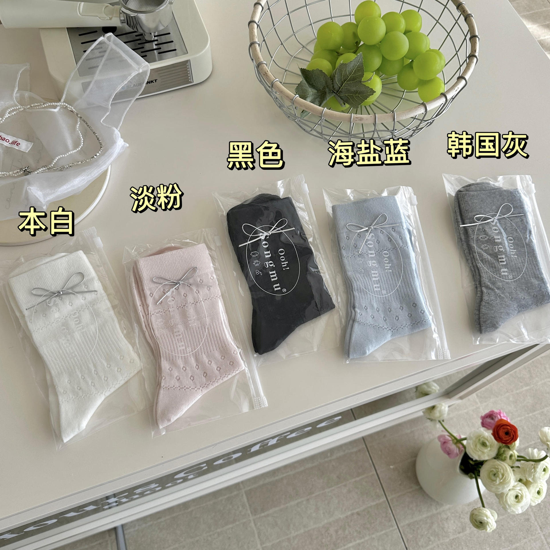 Songmu Korean Leather Bow Girls Socks Boneless Mesh Pile Socks Sweet Medium Stockings