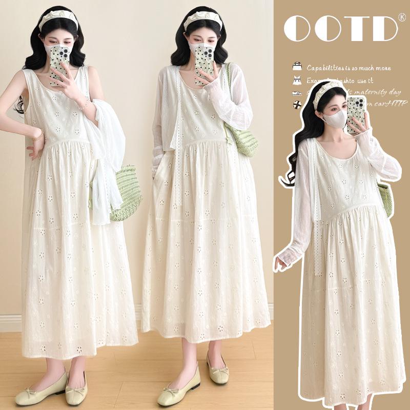 Available: 2026 Spring/Summer Korean Style Embroidered Maternity Dress & Long Sleeve Jacket Set