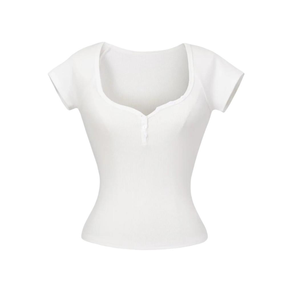 Women's Sweetheart Neck Short Sleeve T Shirt Slim Fit Basic Solid Color Tee