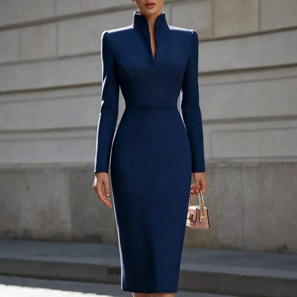 Elegant European & American Style Stand Collar Long Sleeve Bodycon Dress for Women - Slim Fit, Mid-Length, Formal Wear