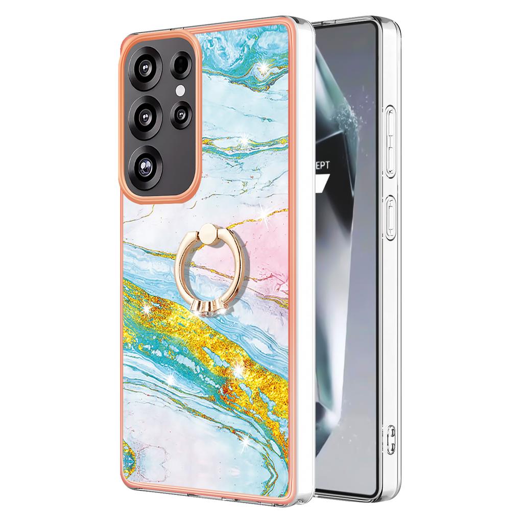 For Samsung Galaxy S25 Ultra Case with Ring Kickstand Marble Pattern Electroplating TPU Back Cover