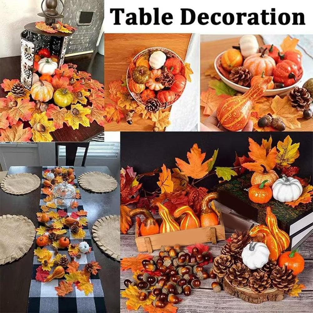 Autumn Pumpkin Decor Set: Realistic Mini Pumpkins, Pinecone & Maple Leaves