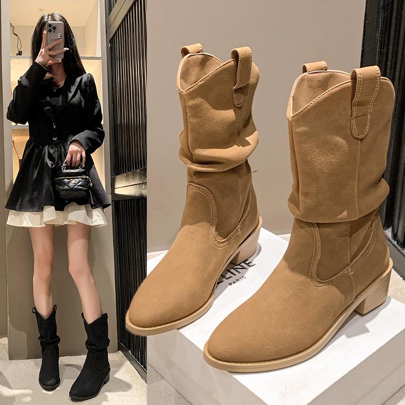 European and American Large-size Women's Martin Boots Women's 2025 Autumn and Winter New Pointed Sleeve Square Heel Medium Tube Boots
